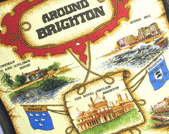 Vintage Tea Towel: Around Brighton, England, Retro Souvenir, British Seaside, Cotton, Clive Mayor