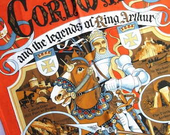Vintage Tea Towel: Cornwall and the legends of King Arthur, Cornish souvenir dish towel, cotton, new, mythology, illustrated