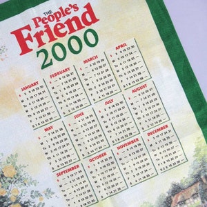 Vintage Tea Towel: 2000 Calendar, The People's Friend, girl blowing dandelion seeds in country cottage garden, retro calendar dish towel image 2