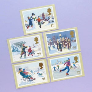 5 Postcards: Christmas Scenes, Unused Vintage Postcards, Christmas card set, art, winter, snowmen, retro Xmas, card set, carol singers, snow image 7
