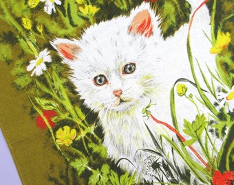 Vintage Tea Towel: Kitten & Wildflowers, cute white kitty, flowers, floral, cat, kitsch, 60s, 70s, linen blend, retro, dish towel, decor