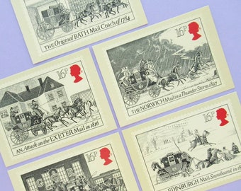 5 Postkarten: Die Anfänge der Royal Mail, Satz unbenutzter Vintage-Postkarten, Briefmarkenkarten, Geschenkidee per Post, Briefmarkensammeln