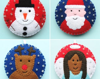 4 Felt Christmas Baubles, PDF Pattern Bundle, easy sewing tutorials, cute felt Snowman, Santa (Father Christmas), Reindeer & Angel ornaments