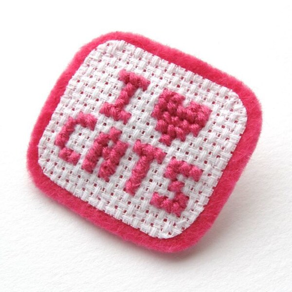 I Love Cats Brooch - cute cross stitch brooch for cat fans!