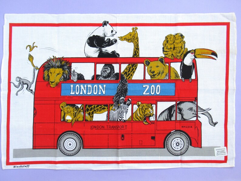 Torchon vintage: Zoo de Londres, animaux à bord d'un bus à impériale rouge, souvenir, torchon, rare, années 60 ou 70, inutilisé, lin et coton image 4