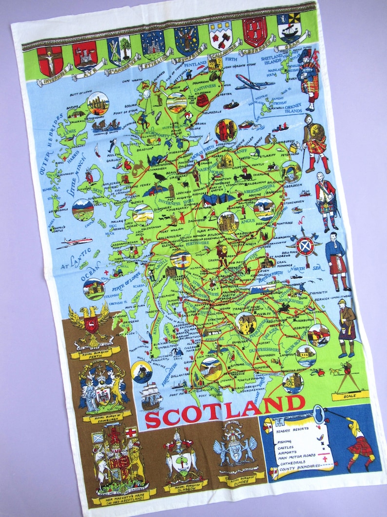 Scotland: Vintage Tea Towel choice of design pick the one you want retro Scottish dish towel, maps, castles, recipes, & more image 7