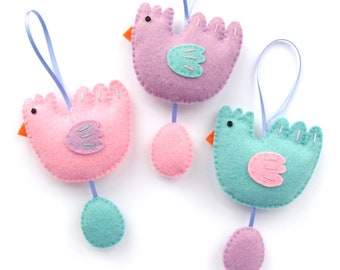 Felt Chicken & Egg Ornaments - PDF Pattern - Felt Easter Ornament Sewing Tutorial - sew easy spring bird decorations from felt!