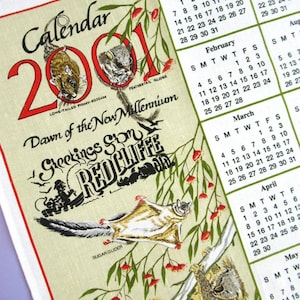 2001 Calendar Tea Towel, Redcliffe, Queensland, Australia, vintage, retro souvenir teatowel, new Millennium, dish towel, Australian wildlife