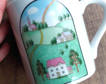 Vintage Spring Mug with Lid: Country Seasons, Ceramic, Japanese, Seasonal Springtime Decor, 80s, 90s, Cottagecore