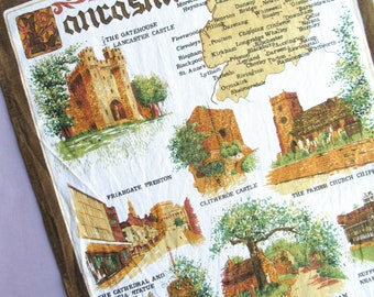 Vintage Tea Towel: Lancashire, England, Souvenir, 80s, Retro Travel, Kitchen Decor, Illustrated, Brown, Cotton