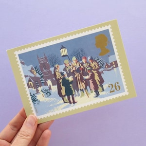 5 Postcards: Christmas Scenes, Unused Vintage Postcards, Christmas card set, art, winter, snowmen, retro Xmas, card set, carol singers, snow image 4