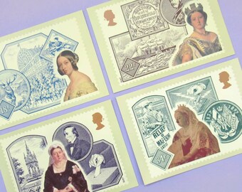 4 Postcards: Victorian Britain, Set of Unused Vintage Stamp Postcards featuring Queen Victoria, British history gift idea, Royal Mail