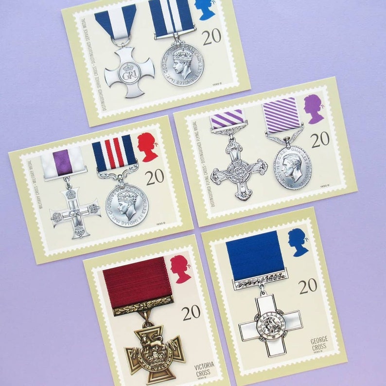 5 Postcards: Gallantry Medals, unused vintage postcard set featuring British medals for bravery, Royal Mail postage stamp cards, PHQ set image 1