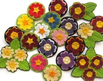 Primroses & Auriculas PDF Pattern - Tutoriel de couture de fleurs en feutre, coudre des broches de fleurs en feutre de printemps