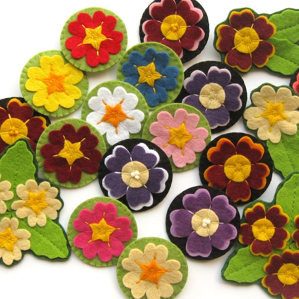 Primroses & Auriculas PDF Pattern - Felt Flower Sewing Tutorial, sew spring felt flower brooches