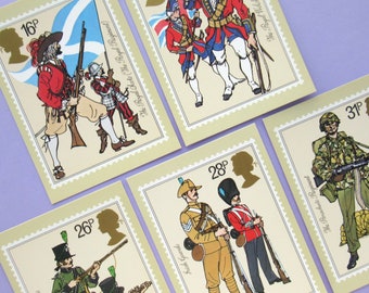 5 Vintage Postcards: The British Army, unused postcard set, 1980s, 80s, military history and uniforms, illustrated, Royal Mail stamp cards