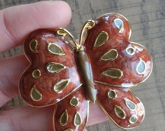 Vintage Enamel Butterfly or Moth Brooch, goldtone, orange, brown (loose clasp)