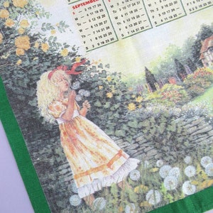 Vintage Tea Towel: 2000 Calendar, The People's Friend, girl blowing dandelion seeds in country cottage garden, retro calendar dish towel image 3