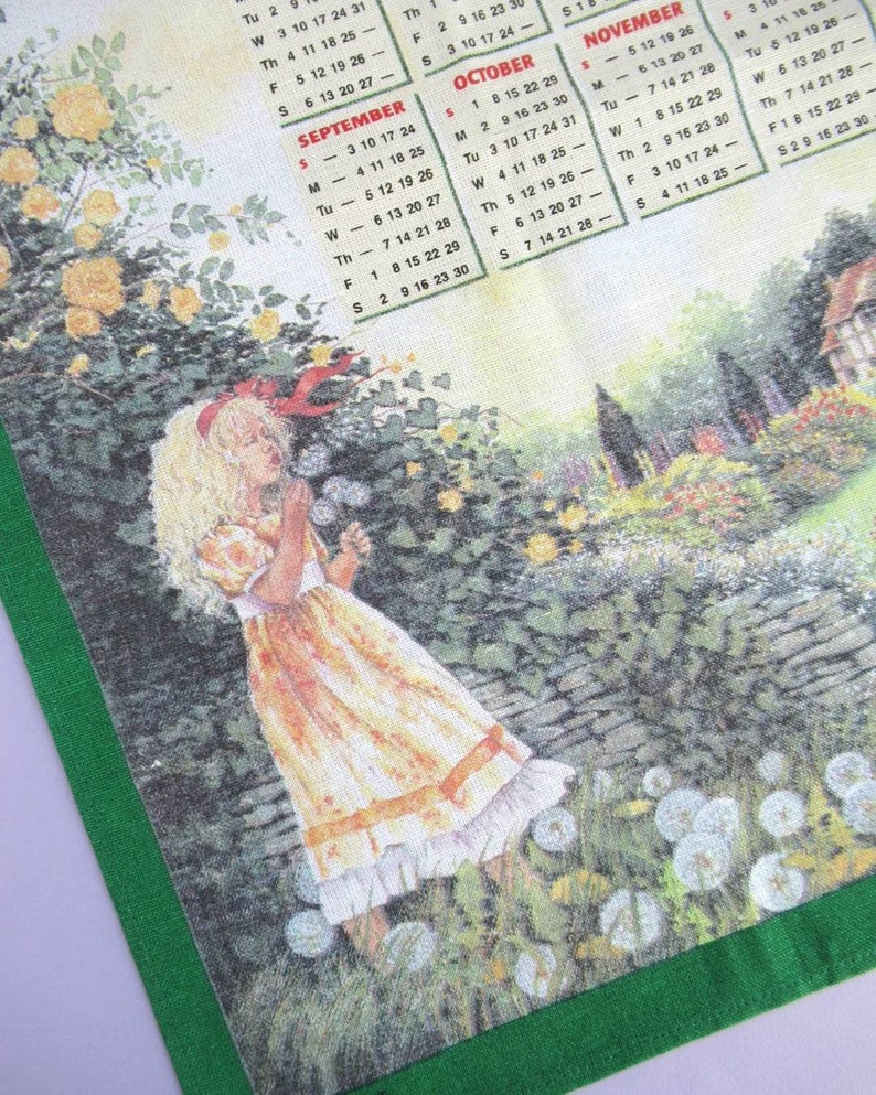 Vintage Tea Towel: 2000 Calendar, The People's Friend, girl blowing dandelion seeds in country cottage garden, retro calendar dish towel image 3