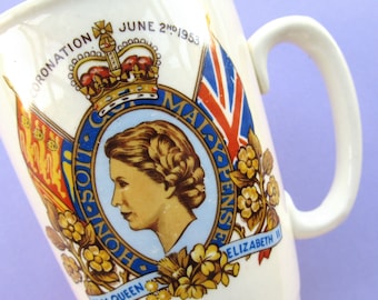 Queen Elizabeth II Coronation Mug, vintage pottery mug, British Royal Family memorabilia, 1950s, 50s, 1953, patriotic decor, EIIR