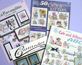 4 x Cat Cross Stitch Pattern Booklets, vintage patterns, Cat Purr-sonalities, Cattitudes, Cats and Kittens ABCs, 50 Cats & Kittens