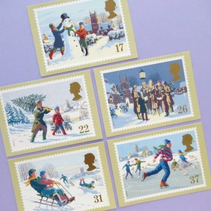 5 Postcards: Christmas Scenes, Unused Vintage Postcards, Christmas card set, art, winter, snowmen, retro Xmas, card set, carol singers, snow image 1
