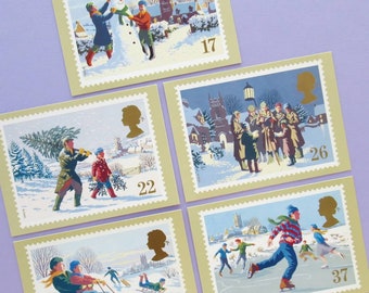 5 Postkarten: Weihnachtsszenen, unbenutzte Vintage Postkarten, Weihnachtskartenset, Kunst, Winter, Schneemänner, Retro Xmas, Kartenset, Weihnachtssänger, Schnee