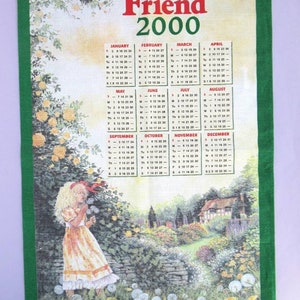 Vintage Tea Towel: 2000 Calendar, The People's Friend, girl blowing dandelion seeds in country cottage garden, retro calendar dish towel image 4