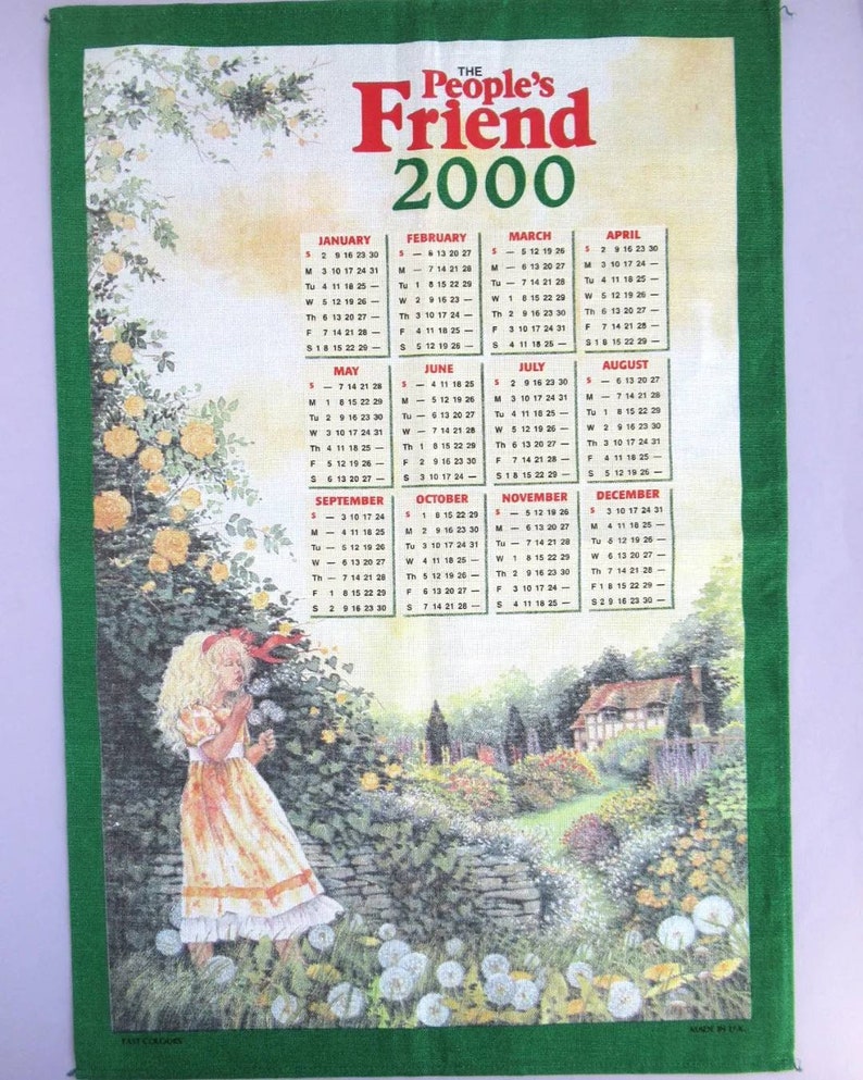 Vintage Tea Towel: 2000 Calendar, The People's Friend, girl blowing dandelion seeds in country cottage garden, retro calendar dish towel image 4