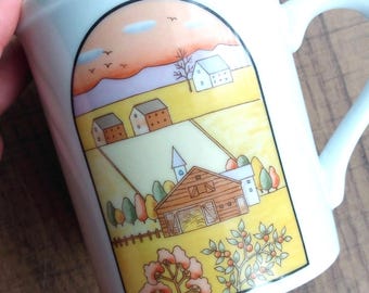Vintage Autumn Mug with Lid: Country Seasons, Ceramic, Japanese, Seasonal Fall Decor, 80s, 90s, Cottagecore