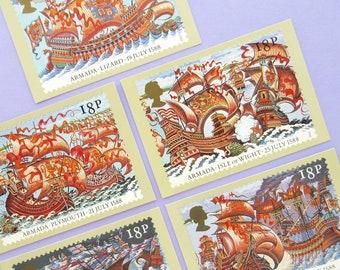 5 cartes postales : L'Armada, ensemble de cartes postales vintage inutilisées, navale, histoire britannique, art, Tudors, Armada espagnole, années 80, années 1980, illustration