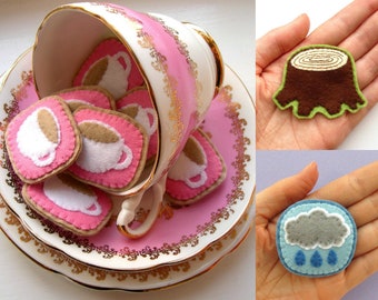 Felt Brooches, 3 PDF Patterns - sew cute teacups, rainclouds and tree stumps with these fun hand sewing tutorials!