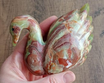 Vintage Onyx Swan, Hand Carved Bird Figurine / Ornament, Polished Stone Sculpture, Green, Red / Brown, Mid Century Decor