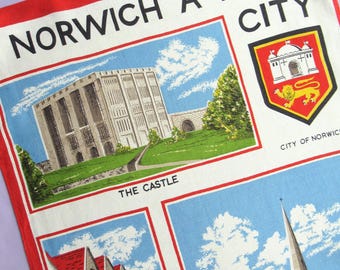 Vintage Tea Towel: Norwich, A Fine City, Linen, Illustrated Souvenir, 60s, 70s, Kitchen Decor