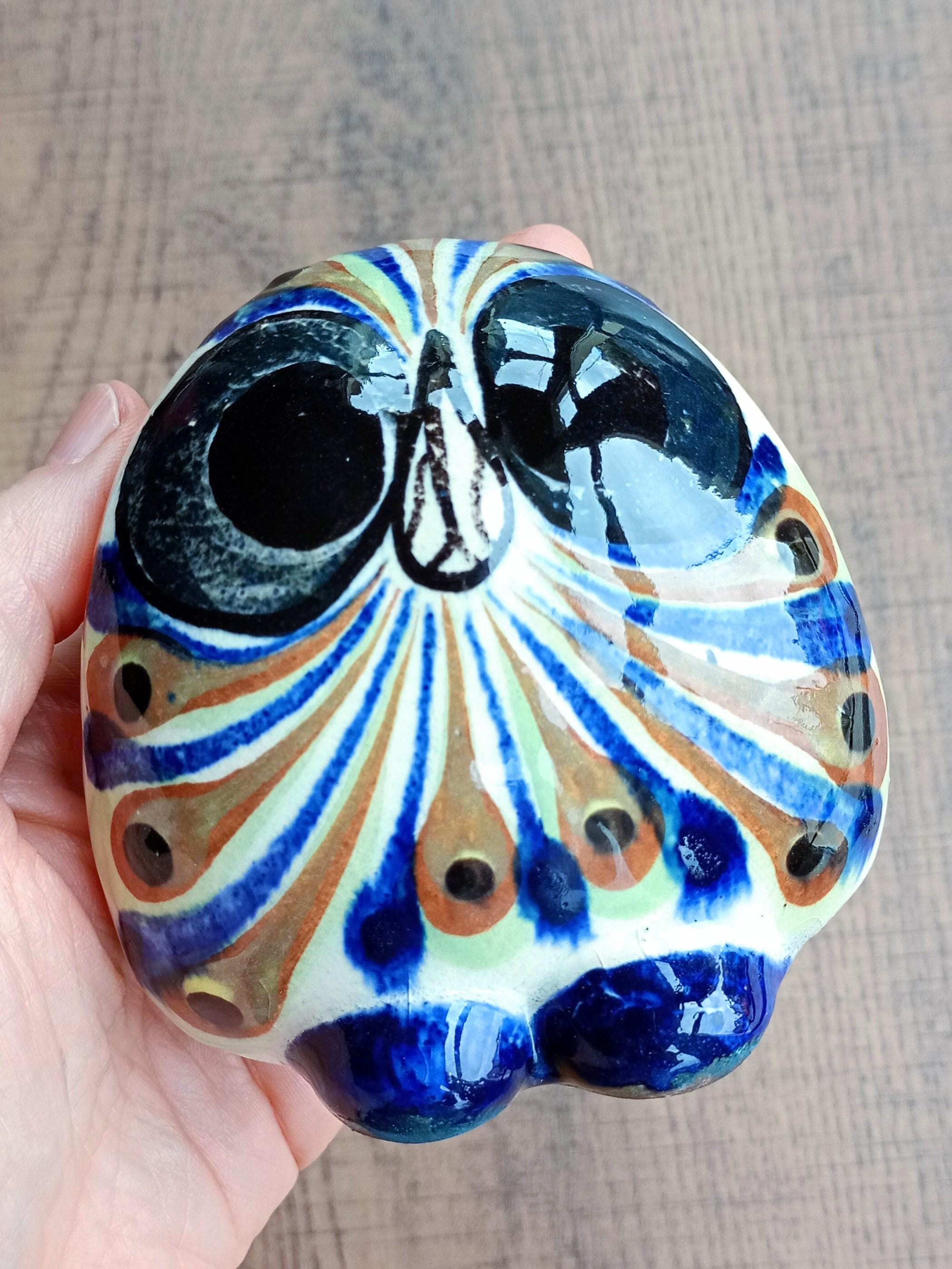 Vintage Tonal&aacute; Style Pottery Owl Ornament / Sculpture, Hand Painted, Palop&oacute;, Guatemala
