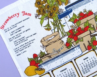 torchon vintage : calendrier 1981, confiture de fraises, fraises, cadeau d'anniversaire des années 1980, torchon, BHS, mélange coton/lin, inutilisé, années 80