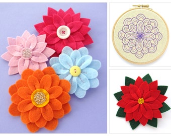 Fabulous Flowers PDF Patterns - Easy Felt Flower Sewing Tutorial and Floral Embroidery Patterns, sew Christmas poinsettia brooches and more!