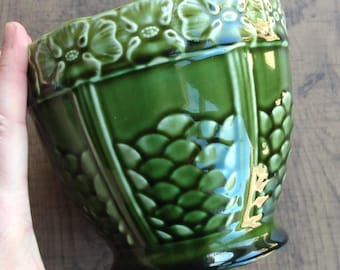 Antique Plant Pot, Green Glaze, Indoor Planter, Edwardian, Art Nouveau, Made in England