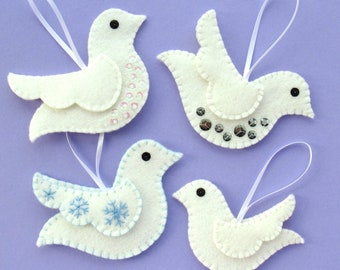 Doves PDF Pattern - Felt Christmas Ornament Sewing Tutorial, sew easy winter bird decorations + a Peace on Earth embroidery pattern!