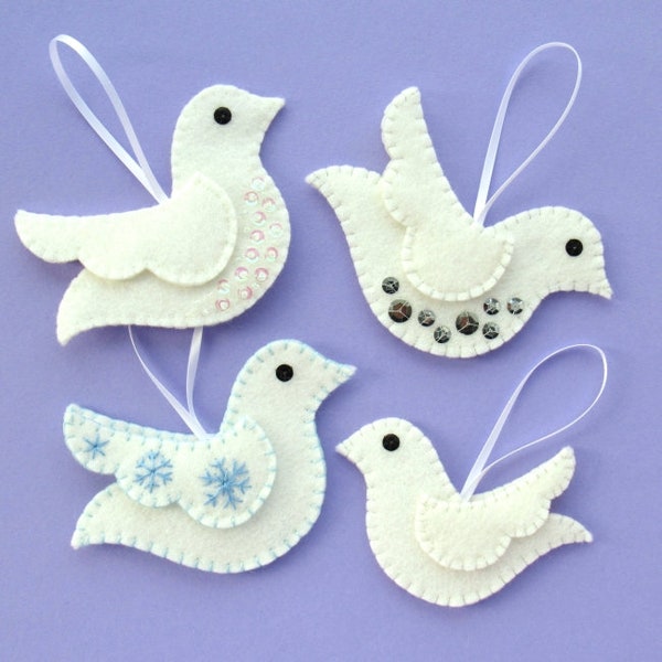 Doves PDF Pattern - Felt Christmas Ornament Sewing Tutorial, sew easy winter bird decorations + a Peace on Earth embroidery pattern!