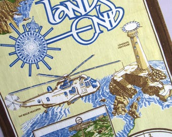 Vintage Tea Towel: Land's End, Cornwall, Souvenir, Brown, Blue, 80s Kitchen, Cotton, Unused