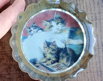Vintage Glass Paperweight: Hand Cast, Victorian Reproduction, Cat and Kittens, Round, Scalloped Edge