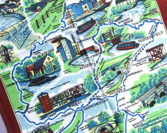 Vintage Tea Towel: North Country Canals, the Cheshire Ring, canal boat decor, canalware, English souvenir, cotton