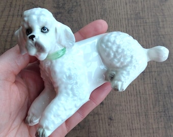 Vintage White Ceramic Poodle Figurine: Kitsch Retro Dog Decor