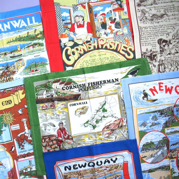 Cornwall: Vintage Tea Towel - choice of design - pick the one you want! - retro Cornish dish towel, Land's End, Newquay, pasties, & more!