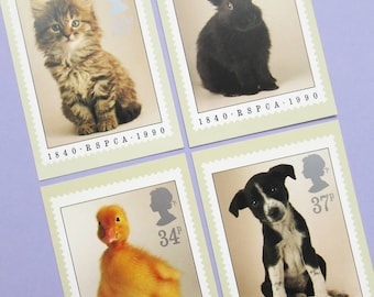 4 Postcards: Cute Animals, Unused vintage RSPCA Postcards - kitten, rabbit, duckling, puppy, Royal Mail stamps, 1990s, stationery, cards,