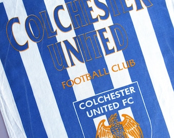 Vintage Tea Towel: Colchester United FC, English Football Club Memorabilia, blue, white, cotton, unused