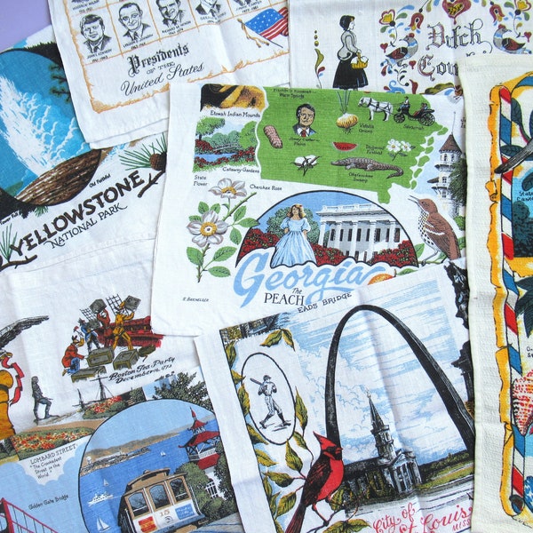 USA: Vintage Tea Towel - choice of design - pick the one you want! - retro American souvenir dish towel, states, history, presidents, & more