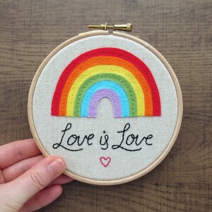 Love is Love PDF Pattern rainbow felt embroidery hoop art and matching embroidery pattern felt rainbow pattern, Valentine's Day, LGBTQ image 1