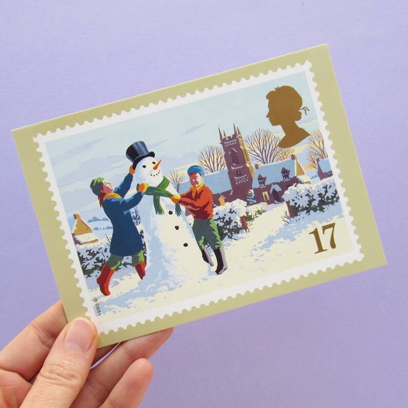 5 Postcards: Christmas Scenes, Unused Vintage Postcards, Christmas card set, art, winter, snowmen, retro Xmas, card set, carol singers, snow image 2